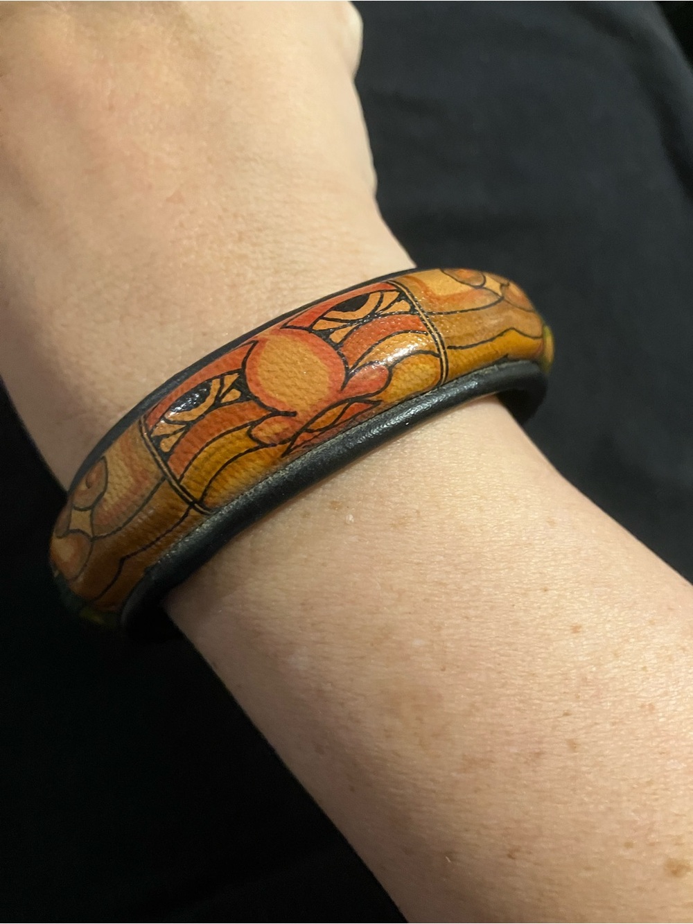 Vintage Hand Painted Leather Mayan Aztec Tribal Boho Bangle Bracelet
